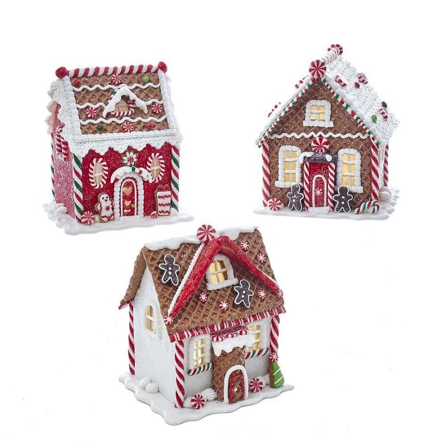 Gingerbread | Kurt Adler Kurt Adler Nyc D3272 Battery-Operated Red And White Led Gingerbread Houses With Candy