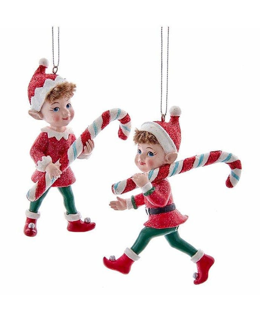 Christmas Tree | Kurt Adler Kurt Adler 4" Resin Elf With Candy Cane Ornament 2 Assorted E0428