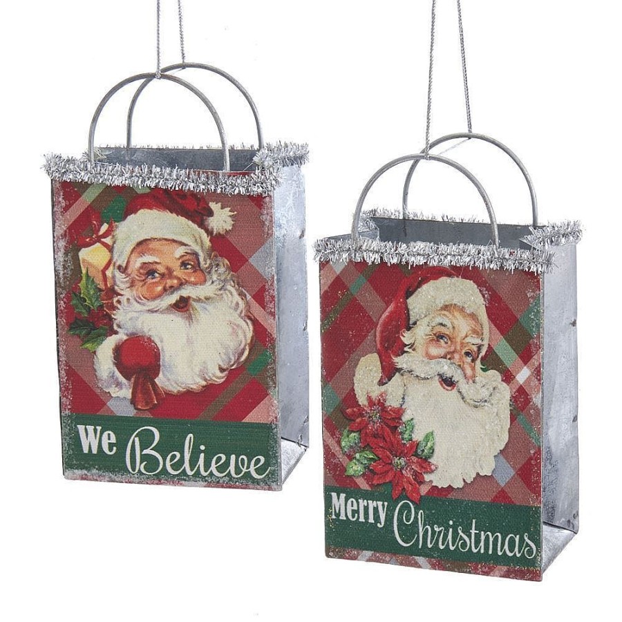 Christmas Tree | Kurt Adler Kurt Adler Nyc G0212 Plaid Shop Bag With Santa Head Ornaments, 2 Assorted