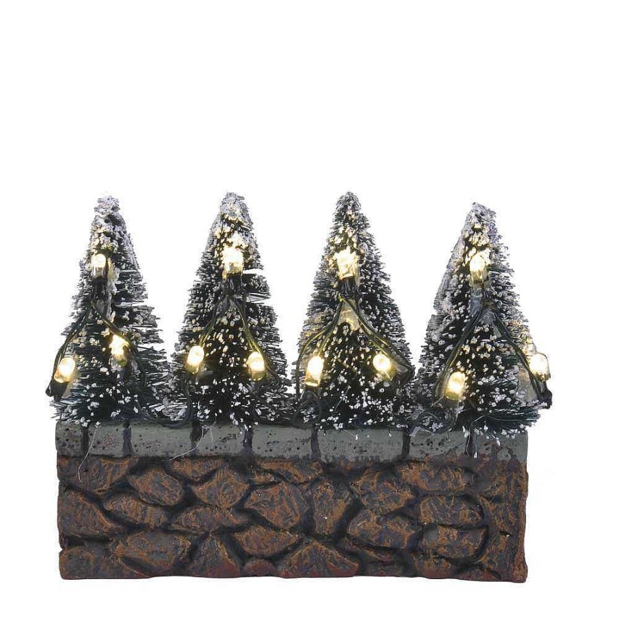 Christmas Villages | Luville Luville Collectables Bristle Trees On Stone Wall With White Light Battery Operated 611187